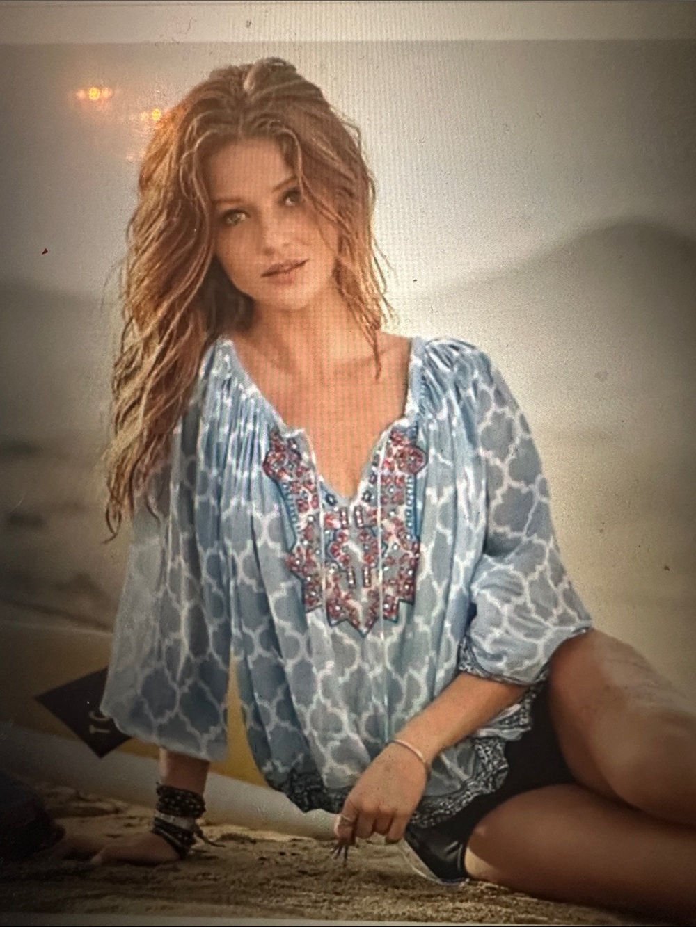 Sundance Boho Beaded Women's Blouse in Blue Cotton Quatrefoil Print, size Large